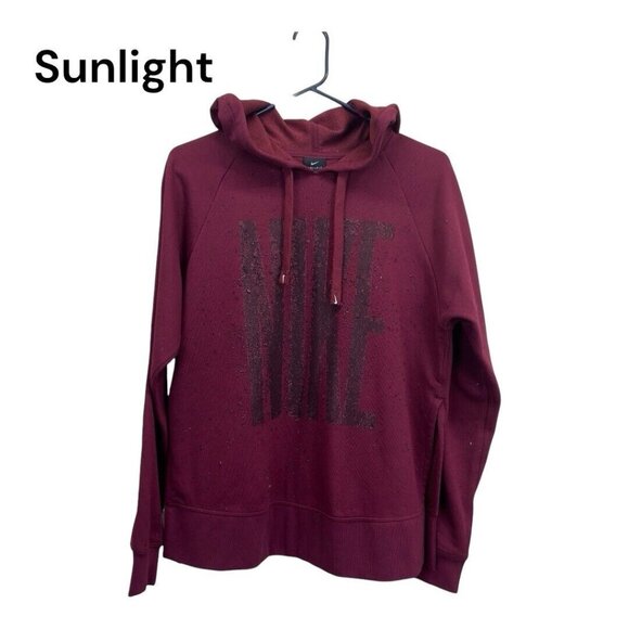 Nike Dri-Fit Pullover Hoodie  Women XS Maroon Oversize Glitter Logo Sides Slits - Picture 1 of 13
